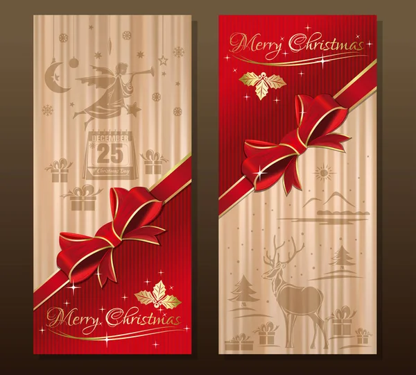 Tebrik Noel kartı uçan Noel meleği, orman geyik, Festival tarih, holly, çobanpüskülü, kırmızı kurdele ve yay ile takvim ile. Neşeli Noel tasarım afiş ayarlayın. Vektör tatil arka plan