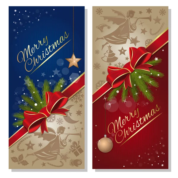 Set Banner Natalizi Buon Natale Ciao Sfondo Rosso Blu Festivo — Vettoriale Stock