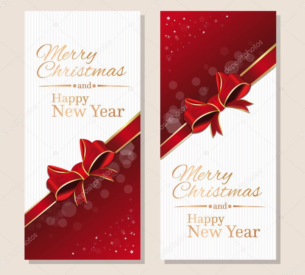 Merry Christmas and Happy New Year. Christmas banner set with gold lettering and red ribbon and bow. Vector illustration