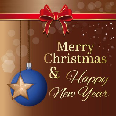 Mutlu Noeller ve mutlu yeni yıl. Mavi top ve altın yıldız. Vektör Noel tebrik kartı. Vektör çizim