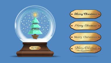 Kar küresi ile bir Noel ağacı içinde. Cam küre üzerinde zarif ahşap stand tebrik yazıt ile değiştirilebilir altın işareti ile. Mutlu Noeller. Vektör çizim