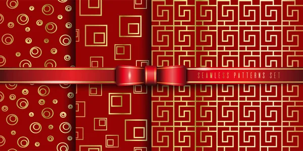 Ensemble Motif Sans Couture Doré Sur Fond Rouge Collection Motifs — Image vectorielle