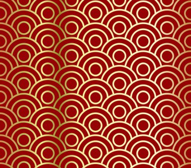 Kırmızı zemin üzerine altın dairesel dalgalar. Kırmızı ve altın çene arka plan desen. Dikişsiz yinelenen desen. Vektör çizim