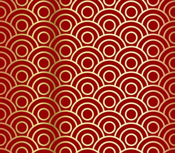 Gyllene Cirkulära Vågor Röd Bakgrund Rött Och Guld Kinesiska Mönster — Stock vektor