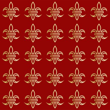 Kırmızı zemin üzerine altın lily. Altın siluetleri lily çiçek. Alev almış zambağı sembolü. Dikişsiz desen yinelenen. Vektör çizim