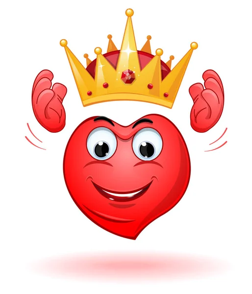 Emoticono Del Corazón Lleva Una Corona Corazón Sonriente Dibujos Animados — Vector de stock