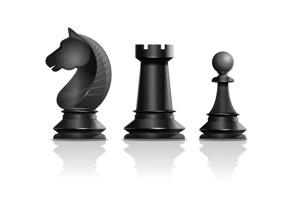 Piezas de ajedrez negro caballero, torre, peón. Icono del vector — Vector de stock