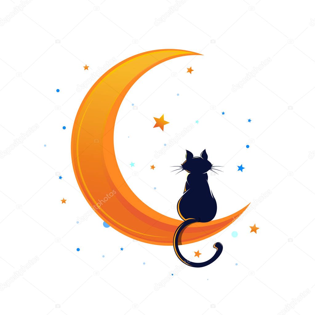Cat sitting on a crescent moon surrounded by stars. Vector illustration