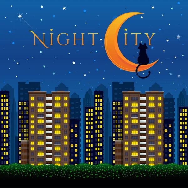 Design Night City con gatto e luna — Vettoriale Stock