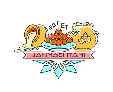 Tatlı Janmashtami. Hindu festivali. Vektör logo tasarımı