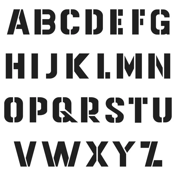 Letras arrojadas stencil plate font aphabet. Vetor — Vetor de Stock