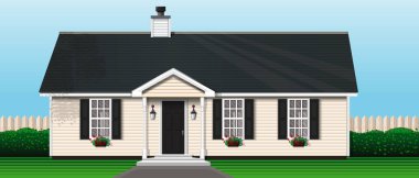 Rustic wooden house with fence and flowers clipart