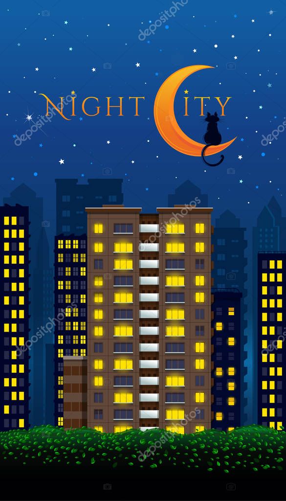 Night City design with black cat sitting on the crescent. Vector illustration