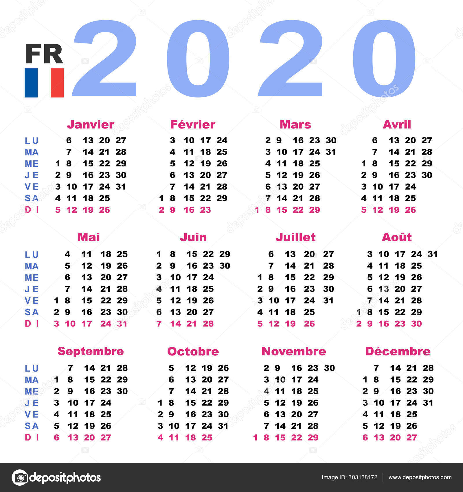 Календарь 2020 На Французском Языке. Горизонтально. Начало Недели.