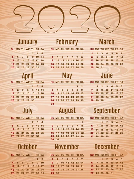 Vector Calendar 2020 in English. Week starts Monday — Stock Vector