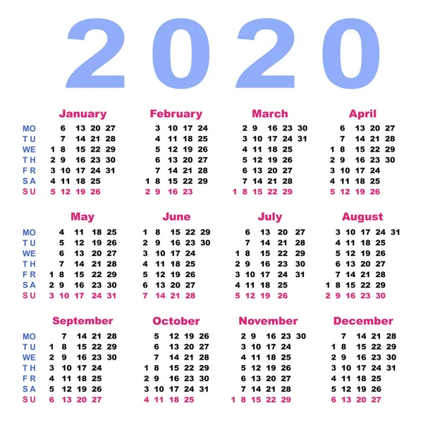 Kalendář 2020 v Rus a Eng. Vector ilustrace — Stockový vektor