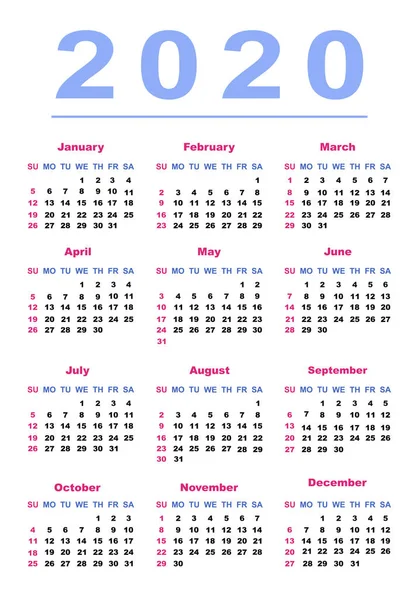 Vector Calendar 2020 in English. Week starts Monday — Stock Vector