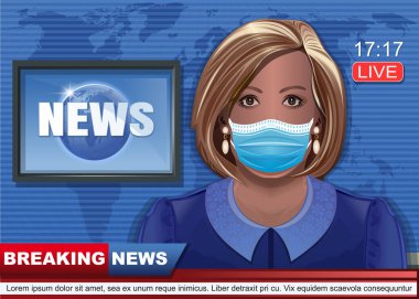 Young woman broadcasting television news in a medical mask. Breaking news. Pandemic flu. Realistic vector illustration clipart