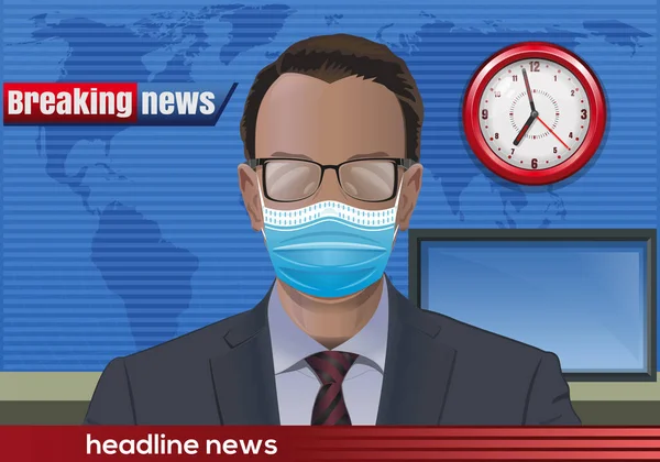 Karantina Sırasında Haber Sunucusu Gözlüklü Tıbbi Maskeli Grip Salgını Vektör — Stok Vektör