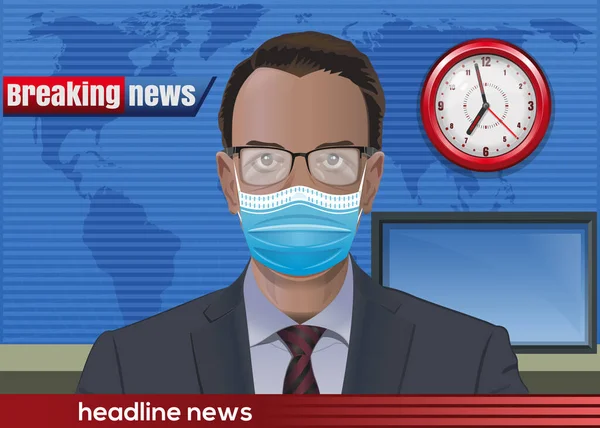 Karantina Sırasında Haber Sunucusu Gözlüklü Tıbbi Maskeli Grip Salgını Vektör — Stok Vektör