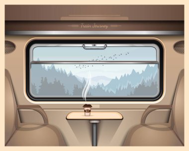 Taiga and mountains outside the train window. A glass of coffee on a table in a train car. Train Journey. Vector illustration clipart