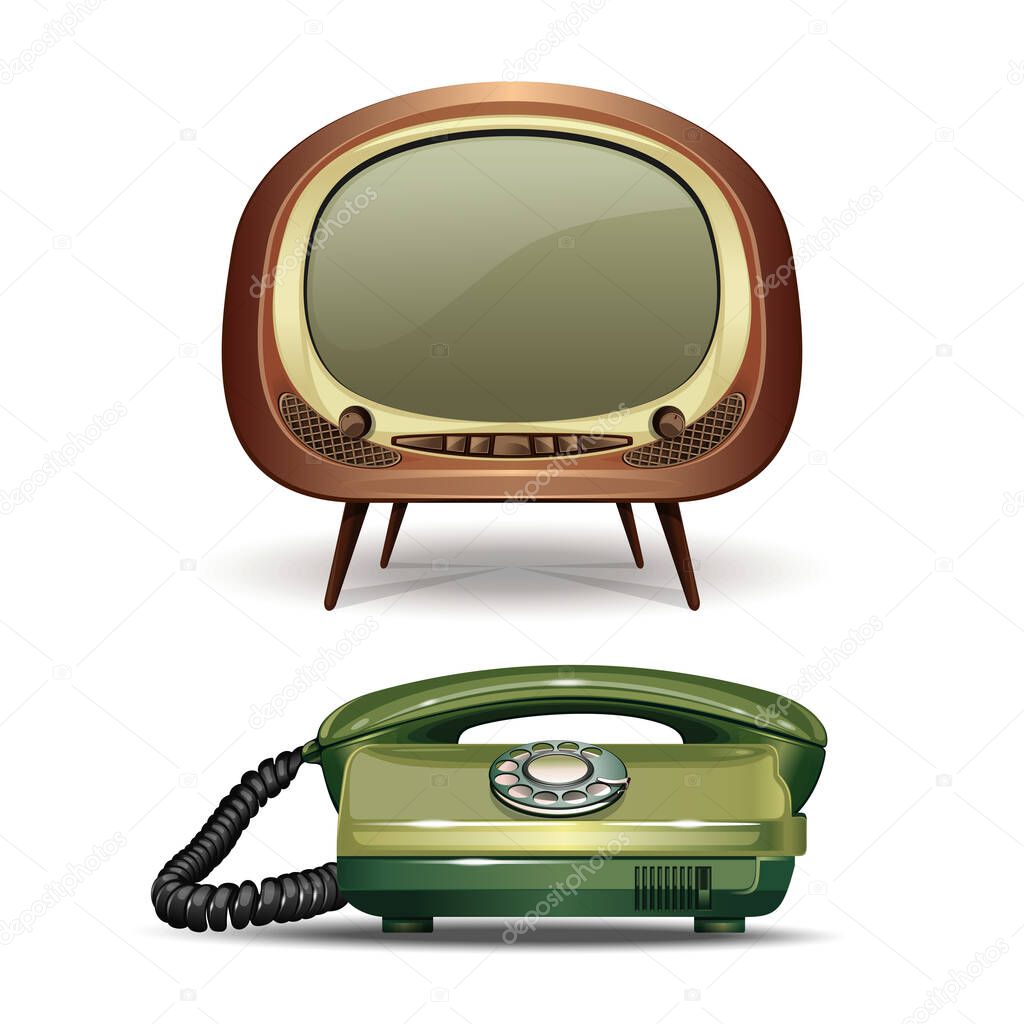 Retro TV and vintage dial telephone vector icons set. Realistic vector illustrations