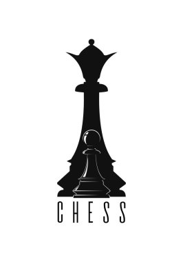 Satranç logosu tasarımı. Siyah piyon, siyah vezirin arka planına karşı. Siyah ve beyaz satranç sembolü. Vektör illüstrasyonu beyazda izole edildi