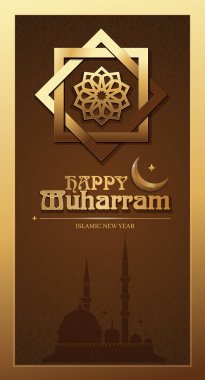 Mutlu Muharramlar. İslami Yeni Yıl dikey afişi. Vektör illüstrasyonu