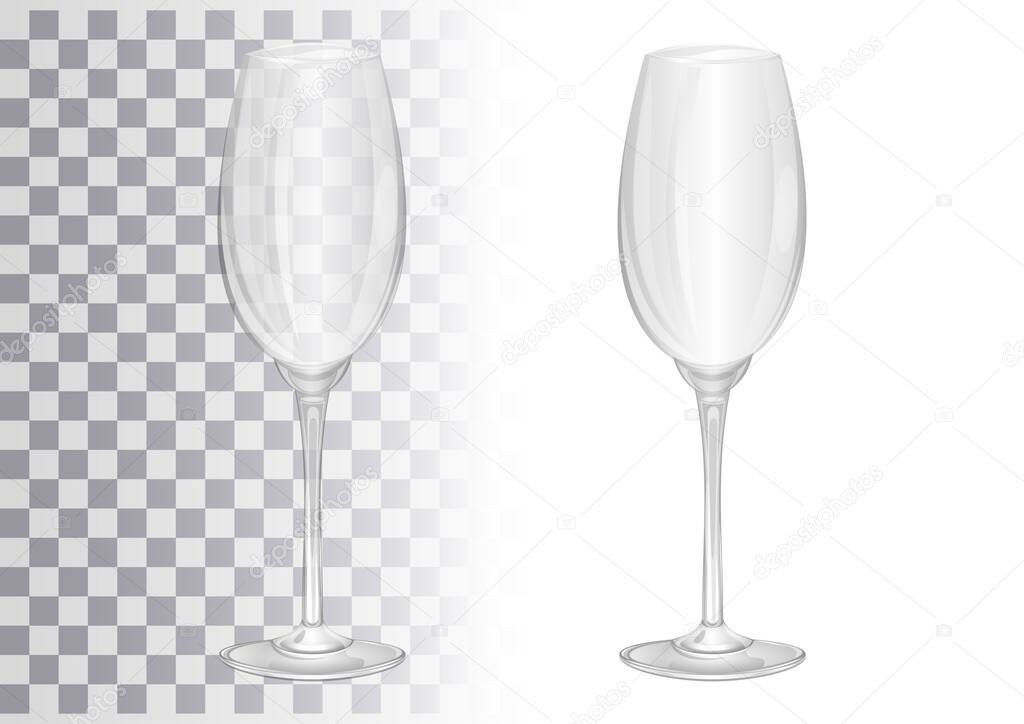 Empty champagne glass. Realistic image of a glass goblet. Vector illustration on white and on transparent background
