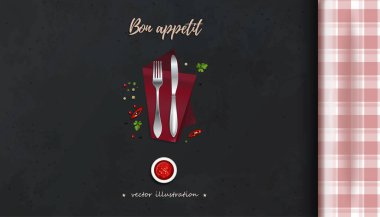 Kareli masa örtülü bir masa. Bıçak ve çatal, peçete ve baharatlar mutfak masasında. Masa ayarı. Üst Manzara. Afiyet olsun mektuplar. Vektör illüstrasyonu