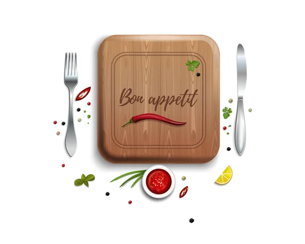 Вилка Нож Разделочная Доска Письмо Приятного Аппетита Концептуальный Дизайн Кухонного — стоковый вектор