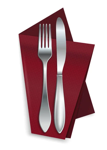 Cuchillo Con Tenedor Sobre Una Servilleta Roja Aislada Sobre Fondo — Vector de stock