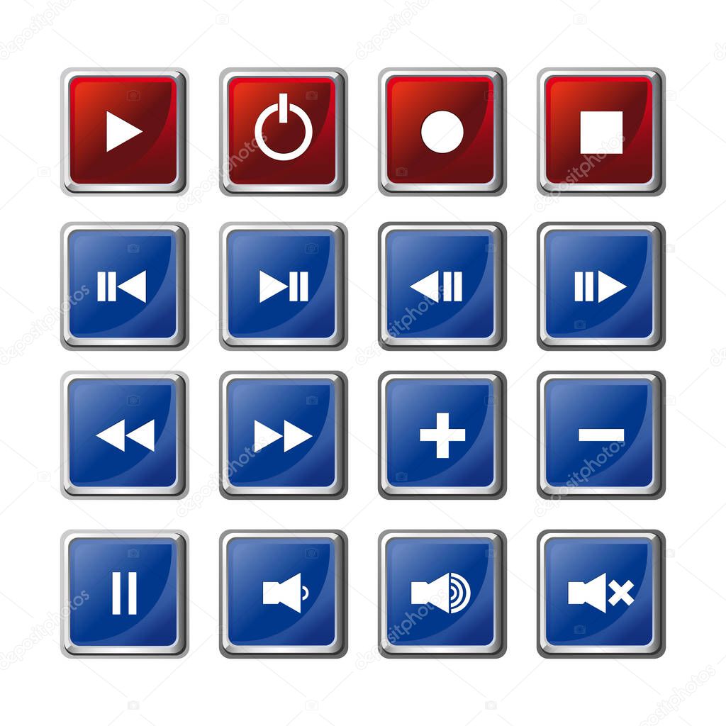 Media player buttons set. Player navigation buttons set. Media symbols icons isolated on white background. Video interface icon on white background. Vector illustration