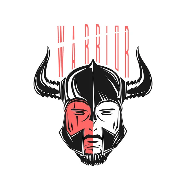 Guerrero Casco Con Cuernos Diseño Del Concepto Logotipo Negro Rojo — Vector de stock