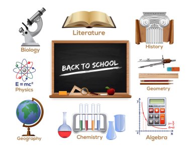 Renkli okul konuları simgeleri - biyoloji, edebiyat, tarih, geometri, coğrafya, kimya, matematik, fizik. Okul tasarımı. Okula dönelim. Beyaz arkaplanda vektör simgeleri izole edildi