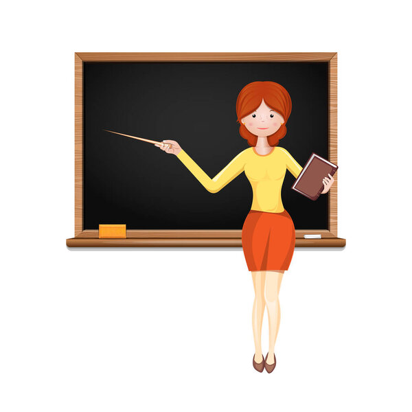 Cute young teacher at lesson near blackboard. Teacher with a pointer shows on a blackboard. Vector illustration