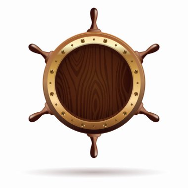 Gerçekçi ahşap gemi direksiyonu beyaz arka planda izole edilmiş. Vektör illüstrasyonu