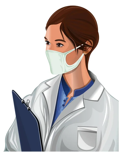 Linda enfermera joven sosteniendo portapapeles en las manos — Vector de stock