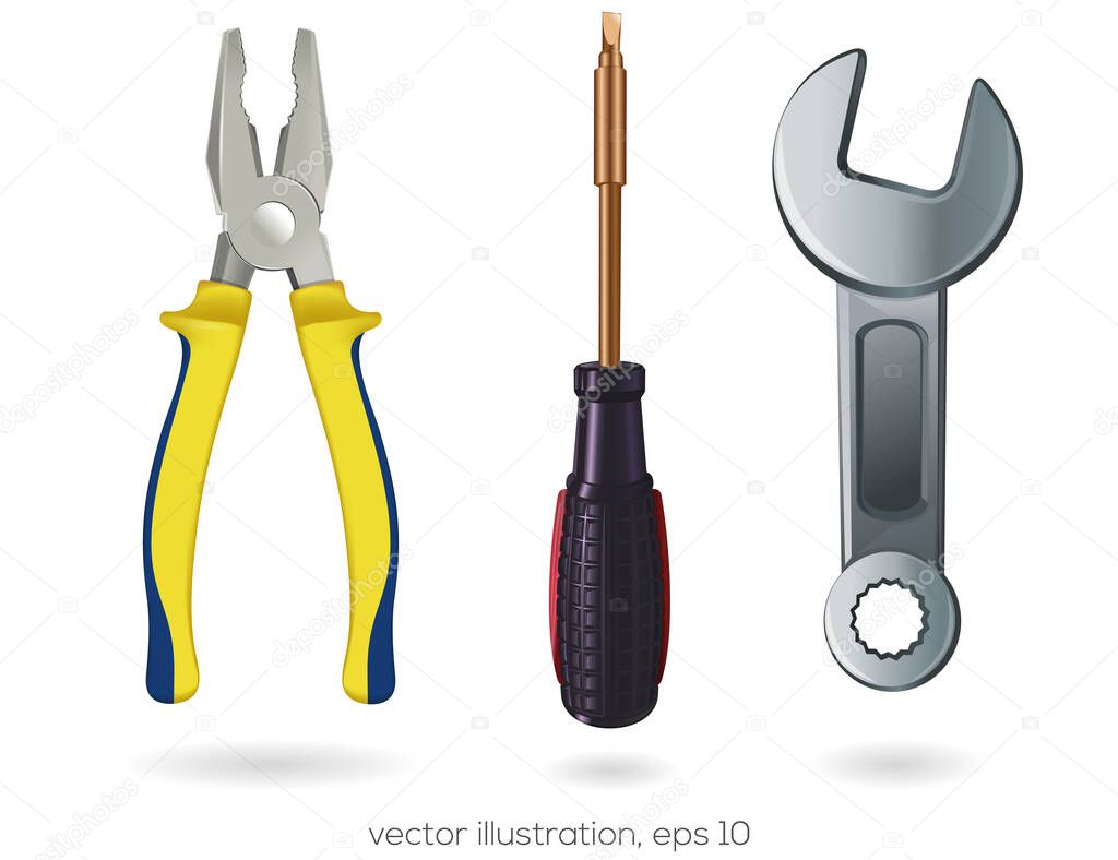 Screwdriver with interchangeable nozzles, wrench and pliers on a white background. Realistically painted tools. Vector illustration.