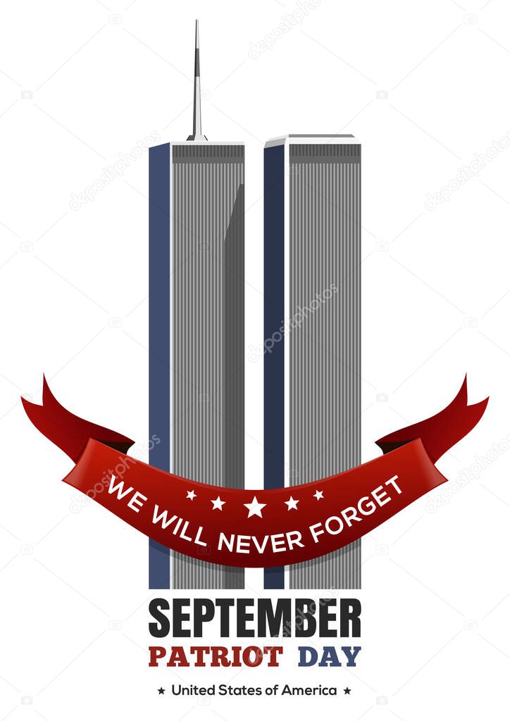 Patriot Day design. September 11. Attacks 9.11. Twin Towers of the World Trade Center. Vector illustration