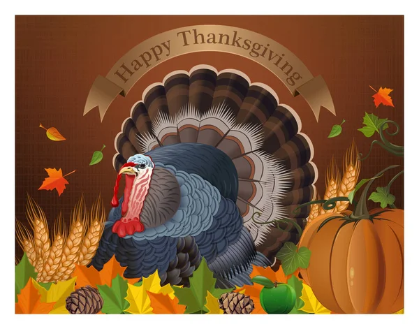 Tarjeta Felicitación Con Pavo Para Día Acción Gracias Fondo Otoño — Vector de stock