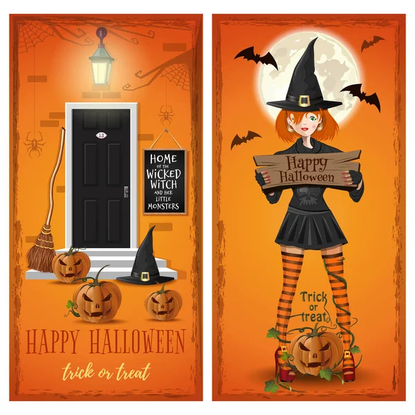 Halloween Greeting Card Set Halloween Design Halloween Decorated House Cute — Stock Vector