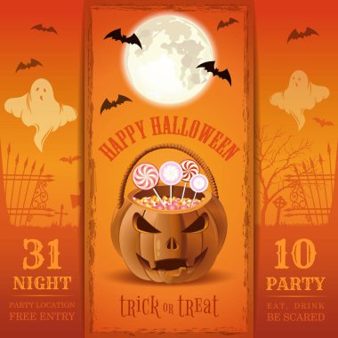 Cadılar Bayramı partisi için davetiye. Ye, iç, kork. Balkabağı şekilli şeker sepetli Cadılar Bayramı tasarımı. Vektör illüstrasyonu