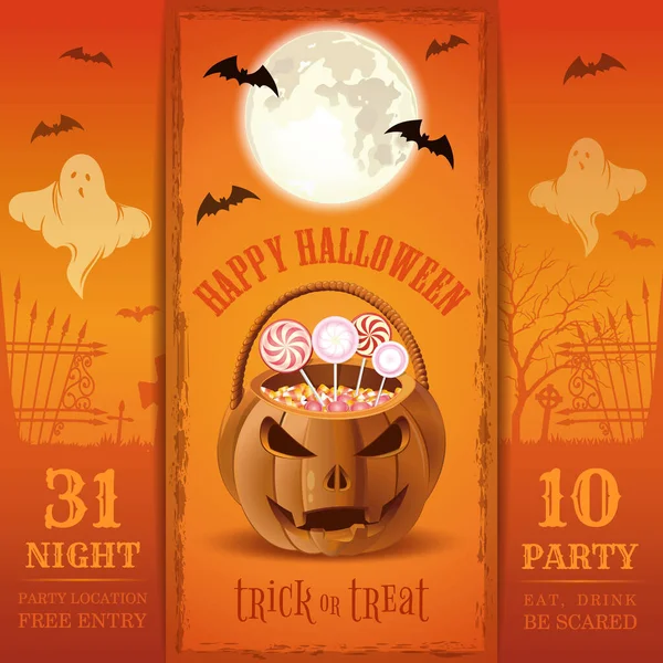 Cadılar Bayramı partisi için davetiye. Ye, iç, kork. Balkabağı şekilli şeker sepetli Cadılar Bayramı tasarımı. Vektör illüstrasyonu