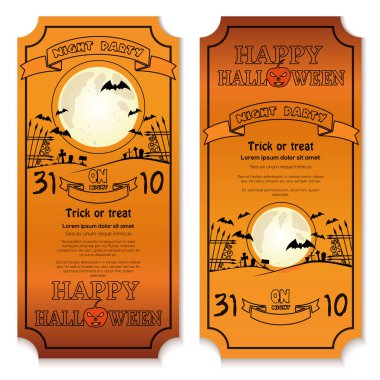 Cadılar Bayramı tasarımı. Cadılar Bayramı davetiyesi. Mezarlığın üzerinde dolunay var. Cadılar Bayramı için parti bileti. Vektör illüstrasyonu