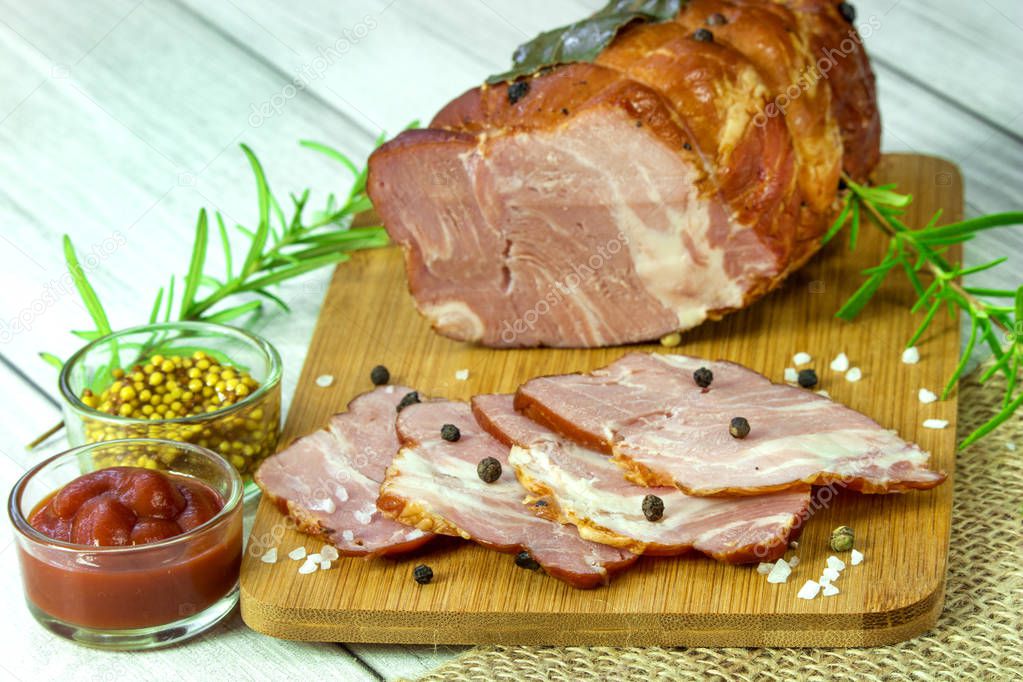 Homemade scented ham on the board.