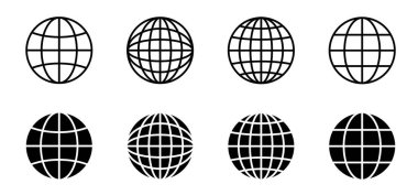 Dünya simgesi seti. Dünya ikonu. Dünya gezegeni, farklı varyasyonlarda dünya haritası.