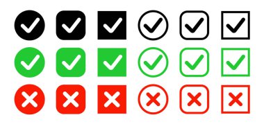Yeşil işaret ve doğru ve yanlış seçimler için kırmızı çapraz vektör sembolü. İşaretleme simgesi seti. İşaretli sağ işaret işareti işareti. Onaylanmış simge. 