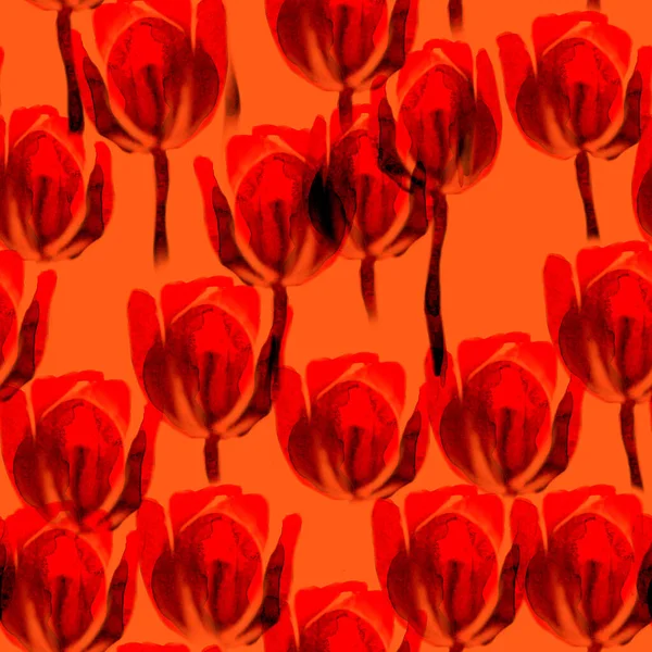 Watercolor red tulip flower illustration on orange background. Monochrome seamless pattern.