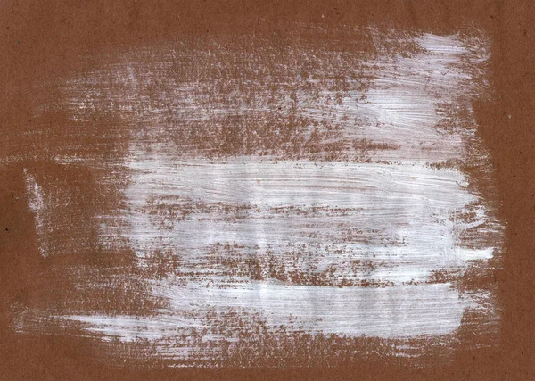 Bristle brush strokes texture. Abstract background. White paint on craft brown paper.